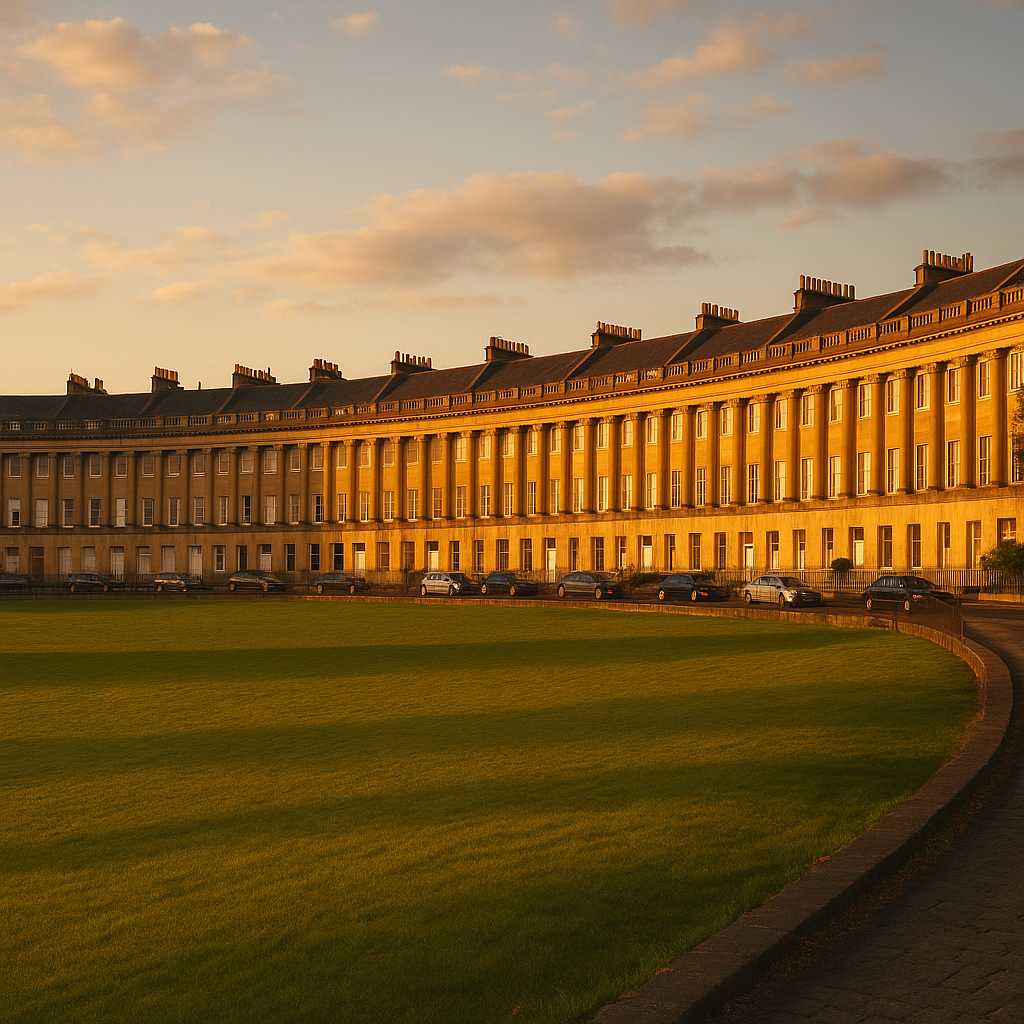 Golden hour light falling across the Royal Crescent in Bath