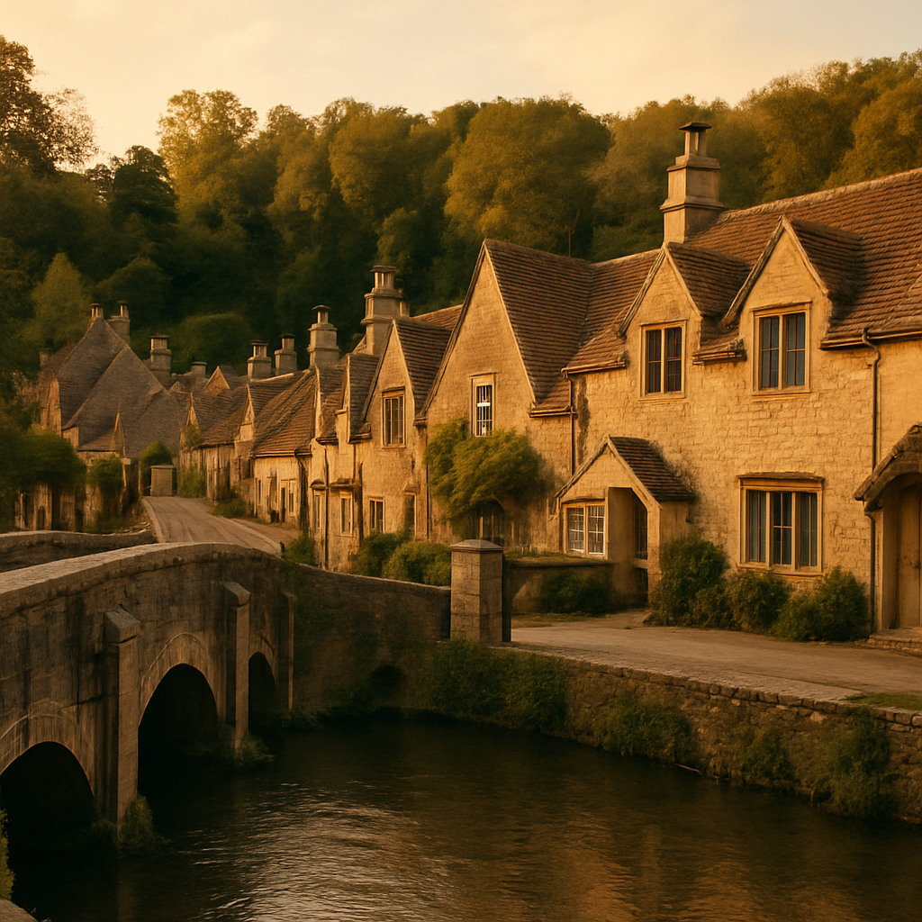 Stone cottages and bridge in Castle Combe village