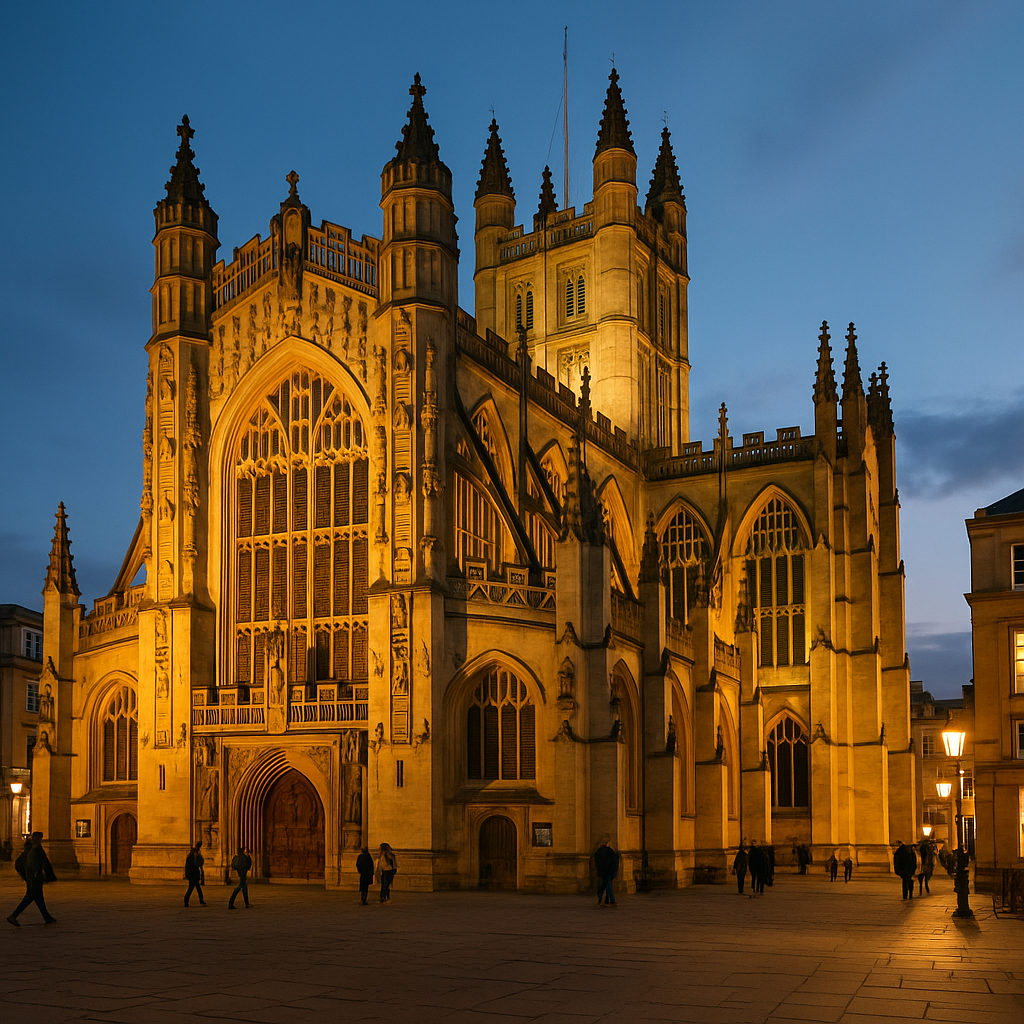 Bath Abbey exterior illuminated at dusk