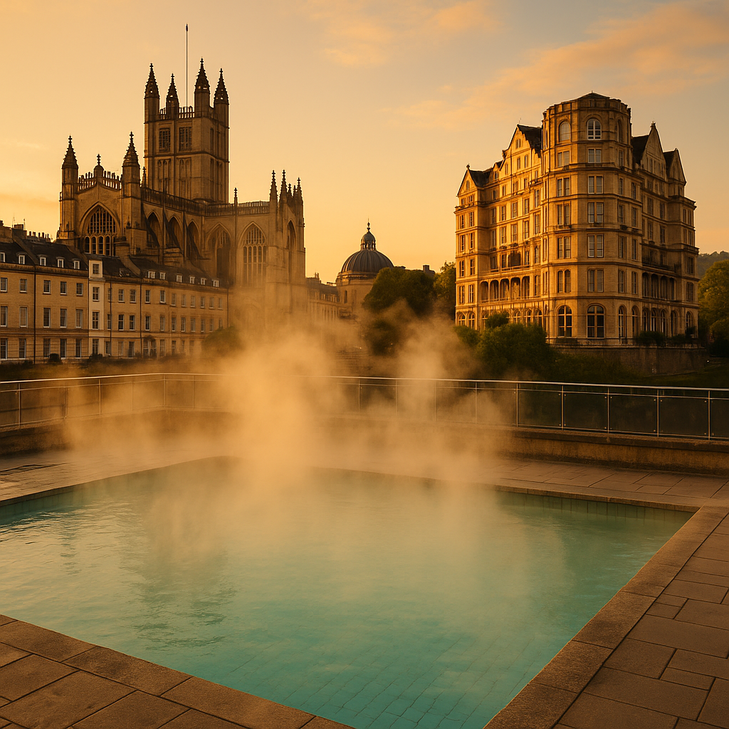 Steam rising from thermal waters against Bath skyline