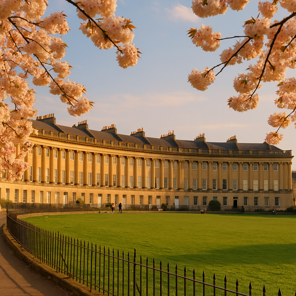 Royal Crescent arc edged by spring blossom