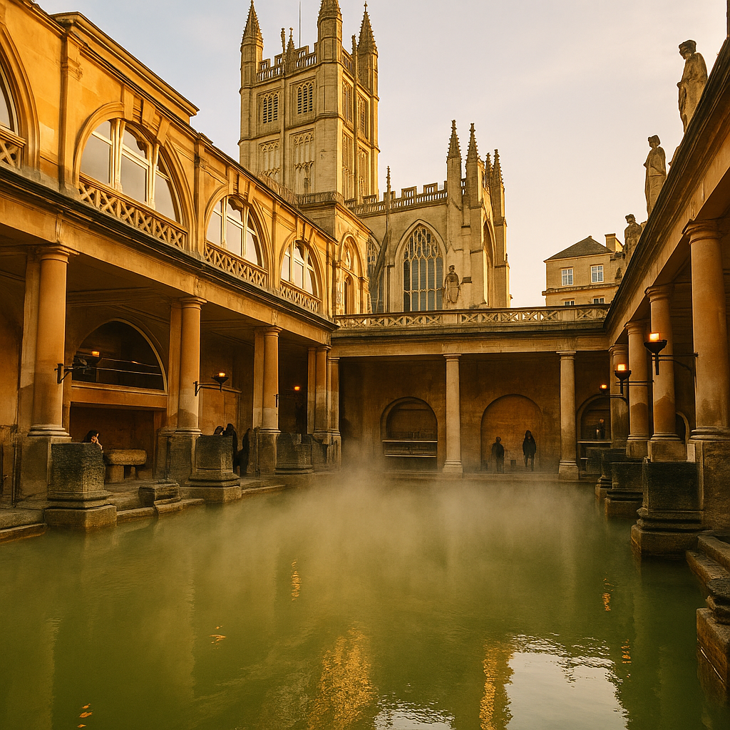 Roman Baths courtyard with steam rising